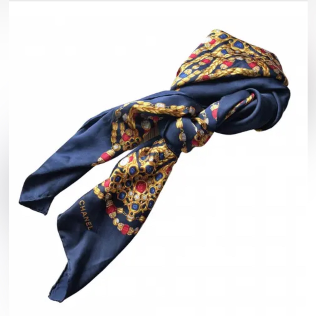 Chanel Silk Scarf Very Good Condition Navy Silk
